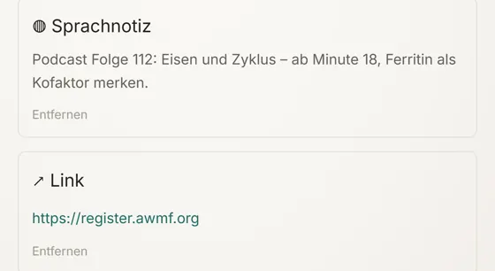 Ein Zettel in der Sammelstation: darauf eine Sprachnotiz mit ihrem abgetippten Text und ein gespeicherter Link – zwei Formate auf einem Zettel.